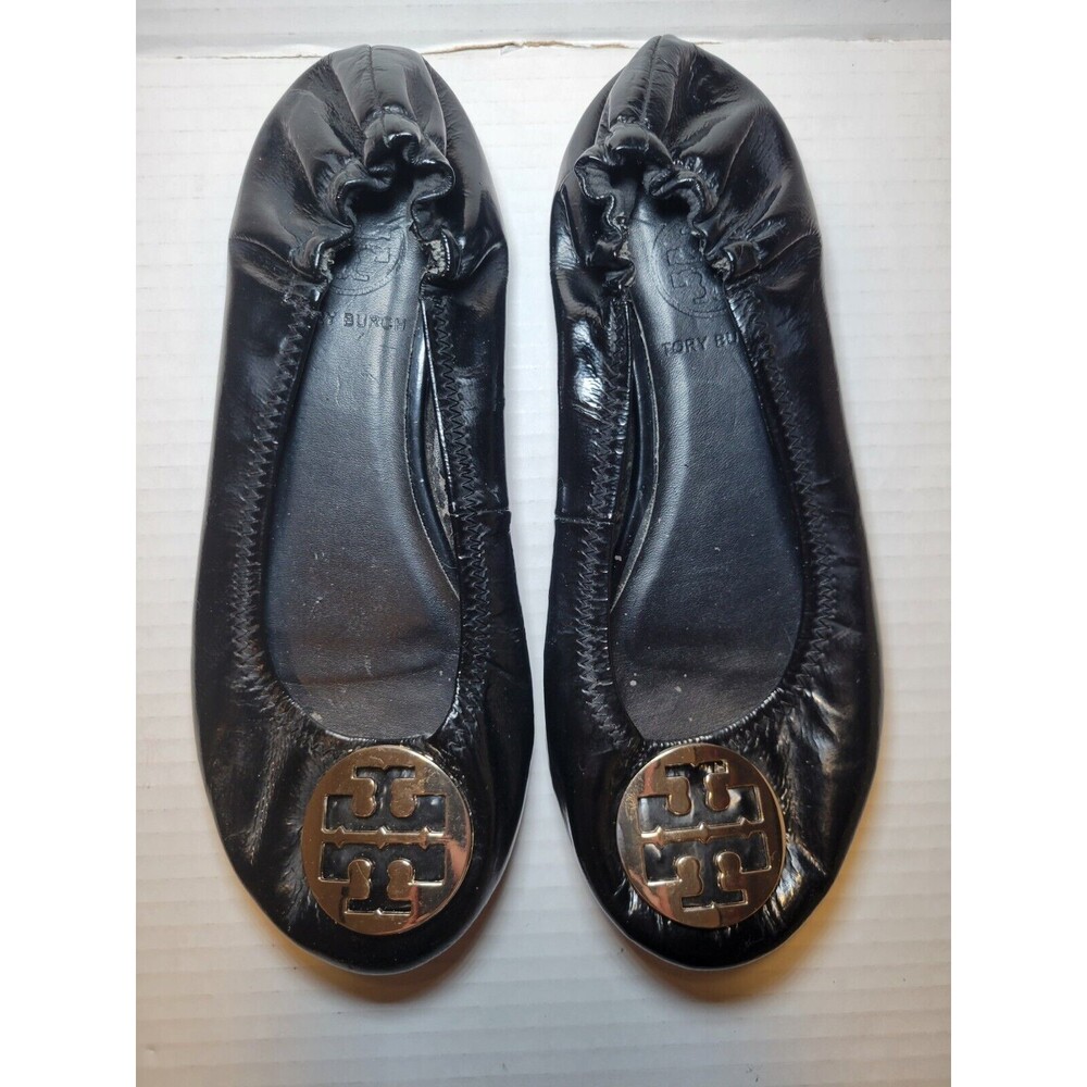 Tory Burch Leather Ballet Flats Women’s Size 7.5 Silver Medallion Black Slip Ons